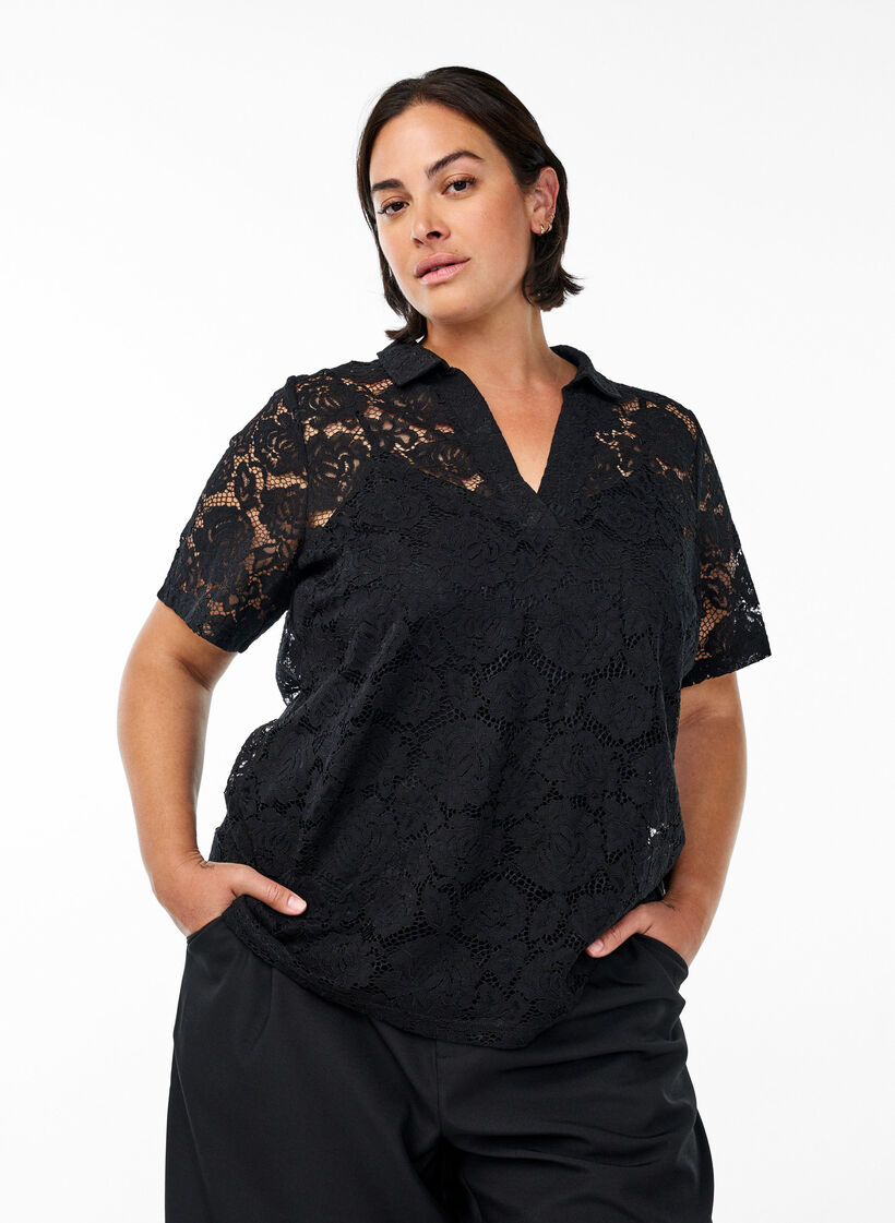 Lace blouse with a collar and V-neck, Black, Model image number 0