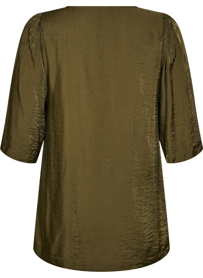 Shiny tunic with a V-neck and 3/4 sleeves, Green, Packshot image number 1