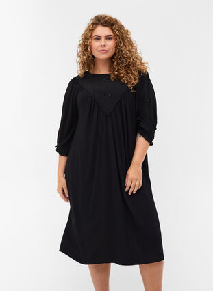 Viscose dress with embroidery and short sleeves, Black, Model image number 0