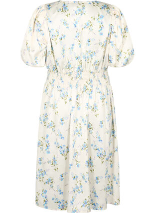 Floral satin dress with puff sleeves, Off White Blue Fl., Packshot image number 1