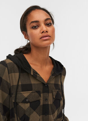 Checked shirt jacket with hood, Ivy Green Check, Model image number 2