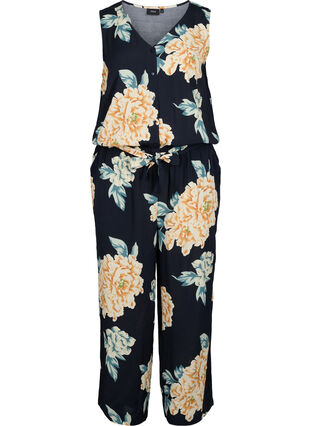 Viscose jumpsuit with buttons and tie-belt, Roses on Navy, Packshot image number 0