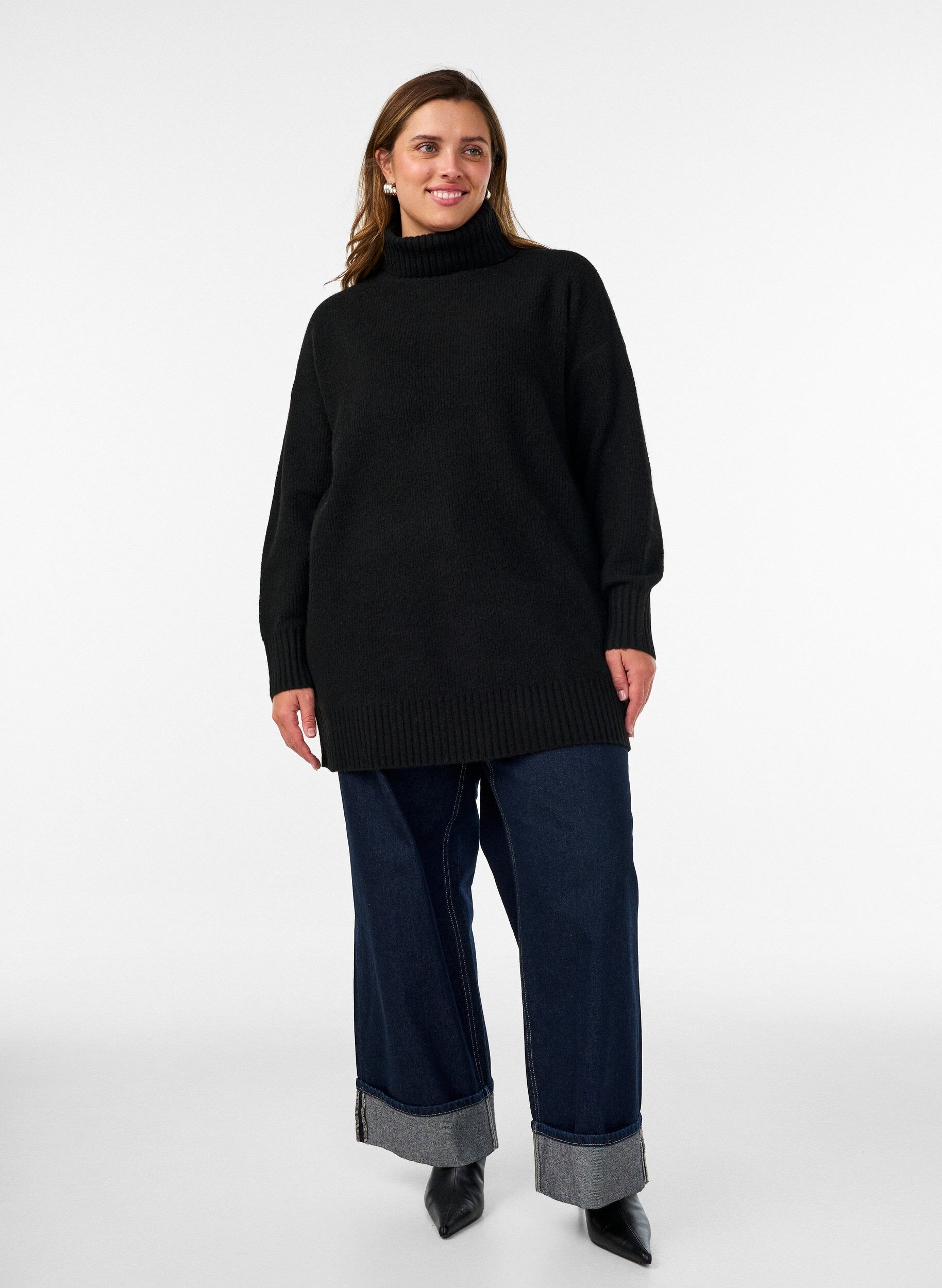 ZizzifashionLoose knit jumper with a turtleneck, Black, Model image number 1