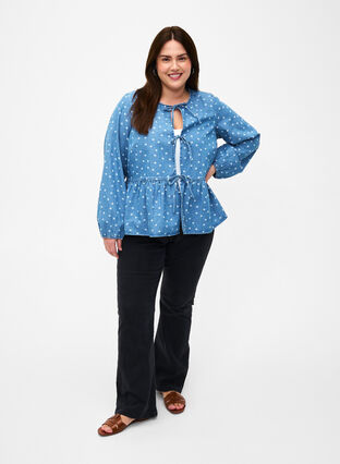 Denim peplum blouse with tie fastening, Light Blue w.Flowers, Model image number 2