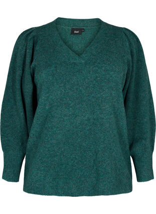 Melange knitted jumper with puff sleeves and v-neck, Ponderosa Pine Mel., Packshot image number 0