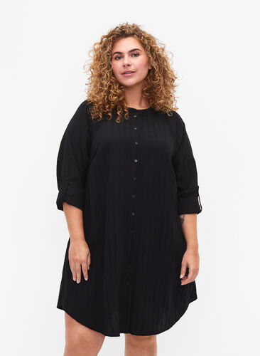 Long viscose shirt with striped structure, Black, Model image number 0
