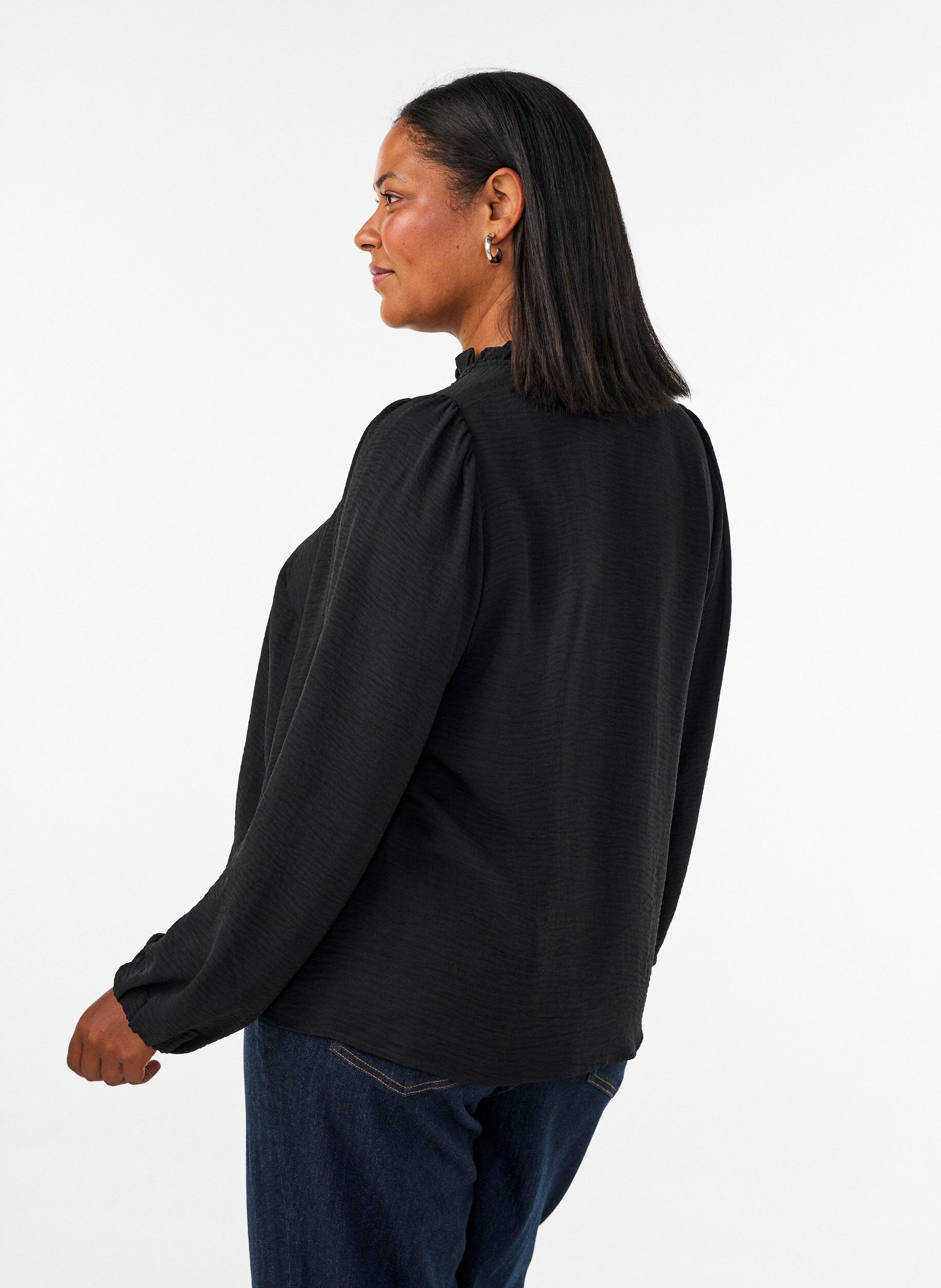 ZizzifashionBlouse with V-neck and crochet band, Black, Model image number 2