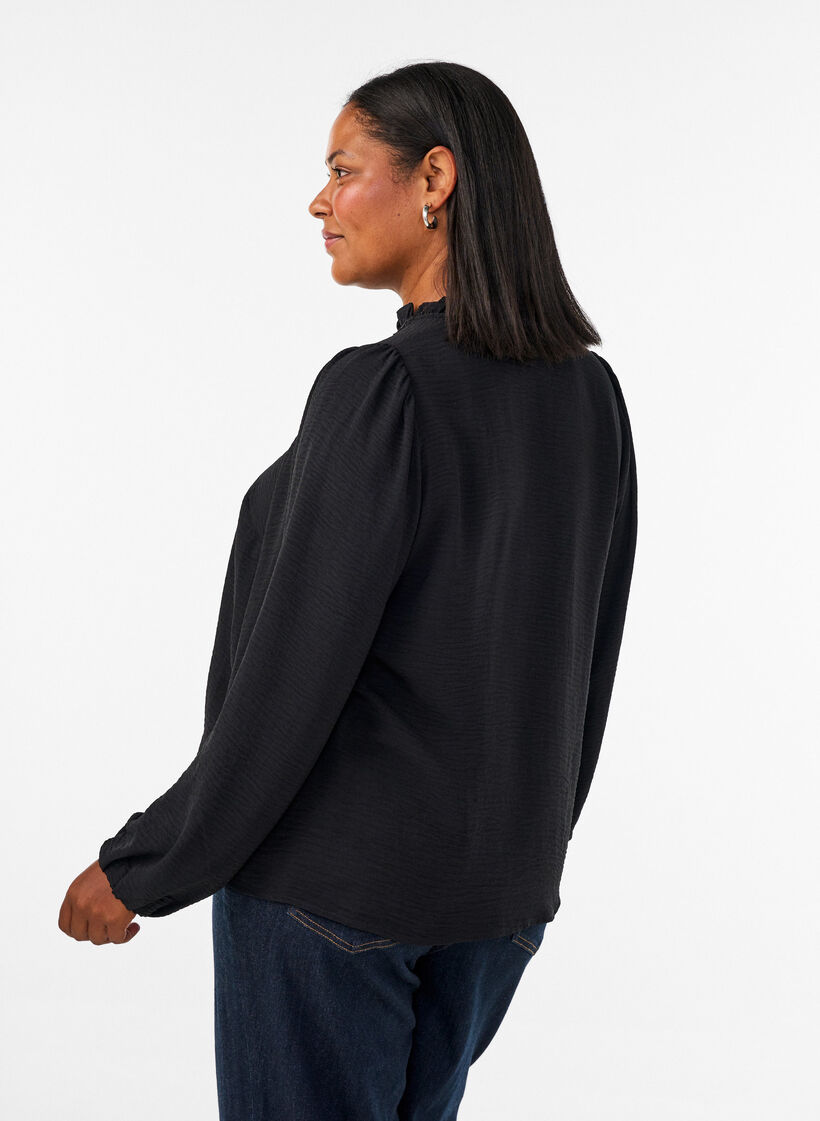 Blouse with V-neck and crochet band, Black, Model image number 2