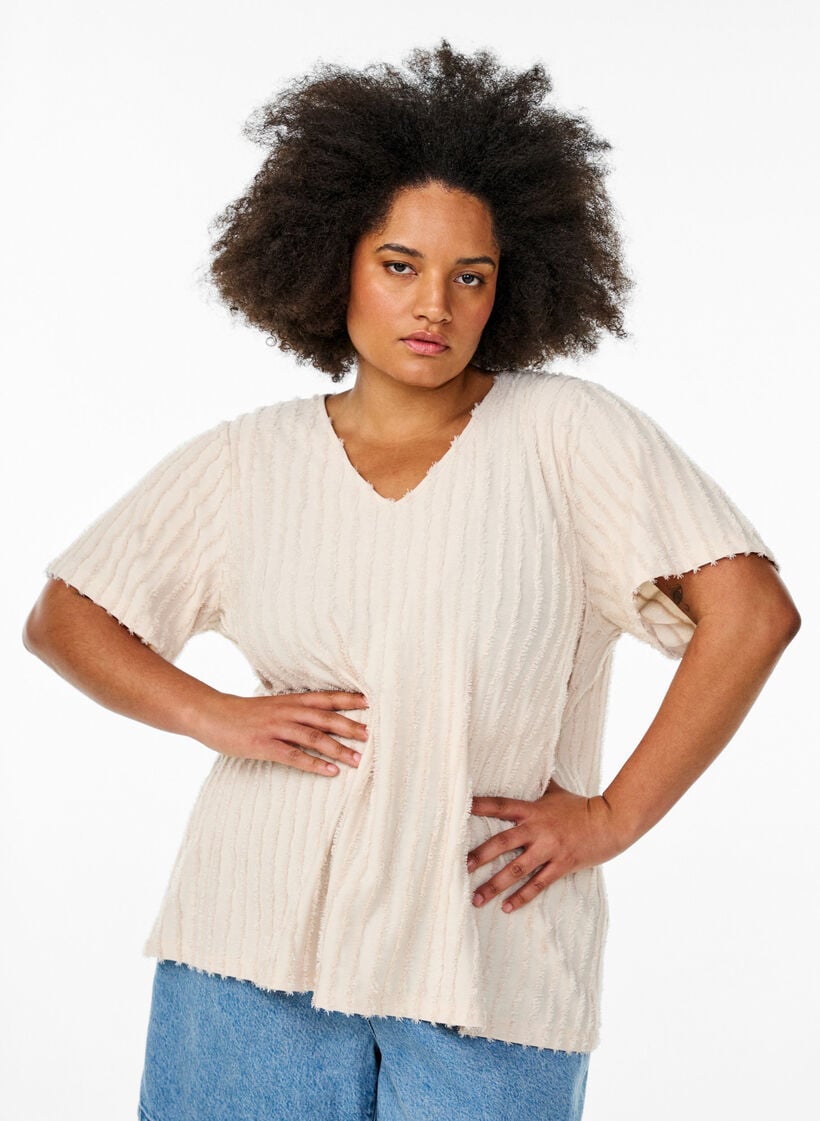 Blouse with short sleeves and striped texture, Beige, Model image number 0