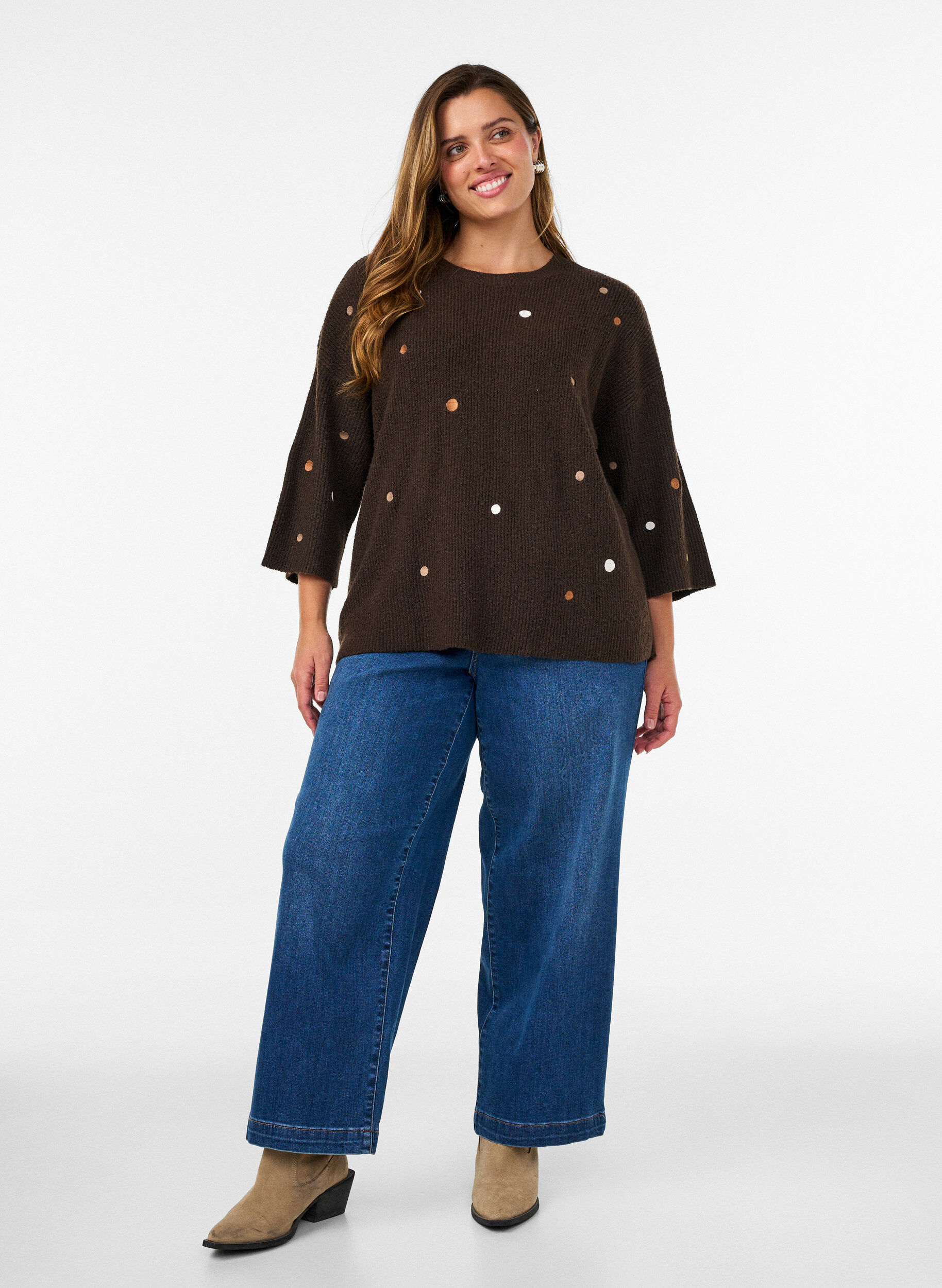 ZizzifashionKnitted blouse with small embroidered motifs, Brown, Model image number 1