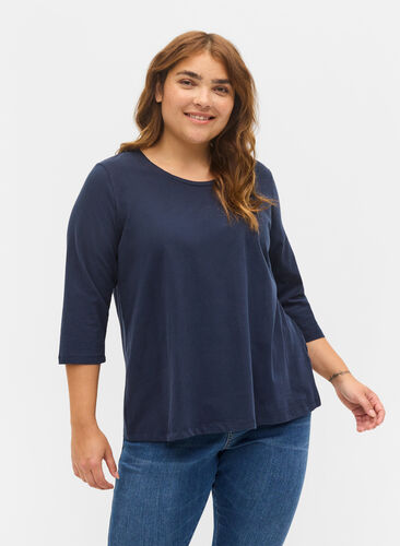 Basic cotton t-shirt with - Zizzifashion 42-60 3/4 - Sz. Blue - sleeves