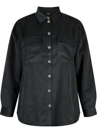 Long sleeve velvet shirt with chest pockets, Black, Packshot image number 0