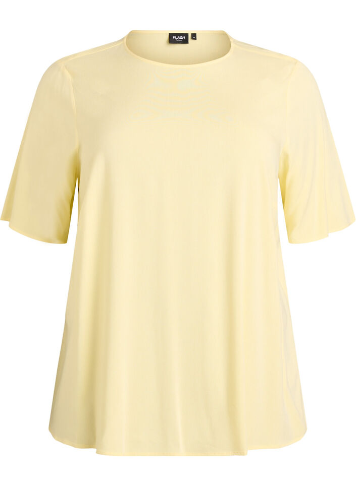 Short-sleeved woven blouse with round neck, Yellow, Packshot image number 0