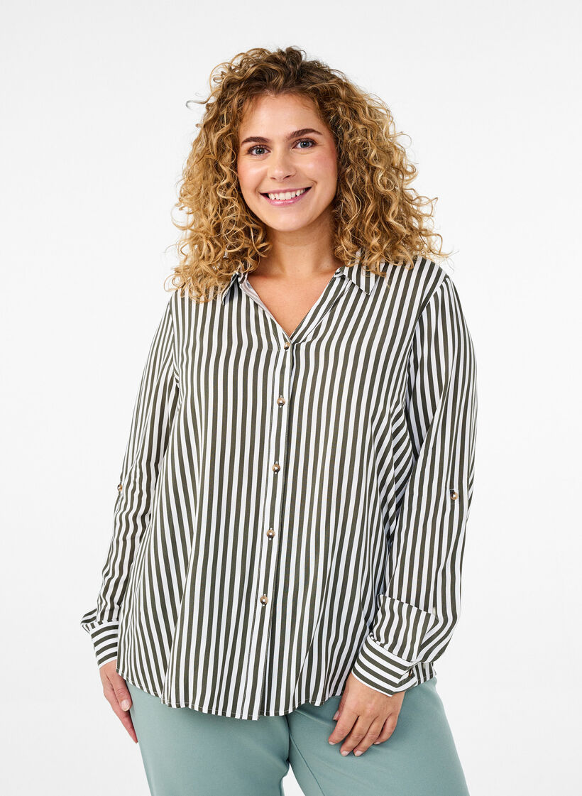 FLASH - Striped shirt with rolled-up sleeves, Green, Model image number 0