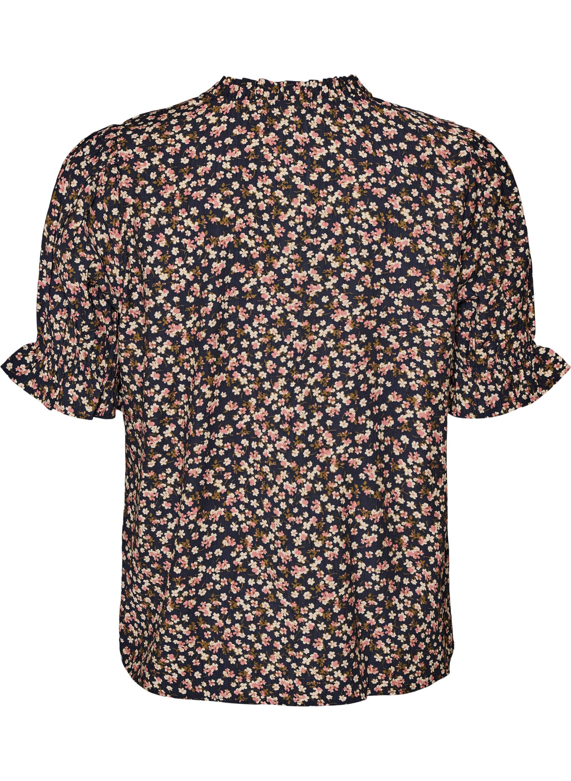 ZizzifashionFloral viscose blouse with short sleeves and smock details, Blue, Packshot image number 1