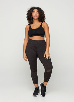 Cropped sports leggings with print and mesh - Black - Sz. 42-60