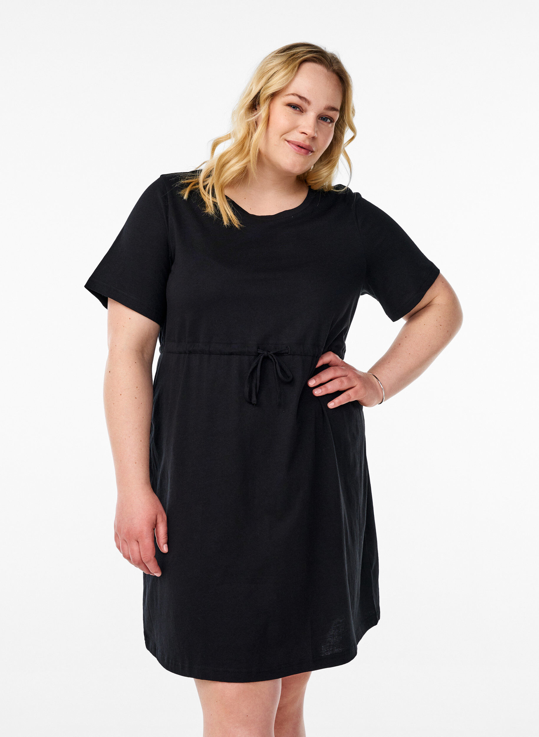 Zizzifashion FLASH - Short T-shirt dress with tie belt, Black, Model image number 0