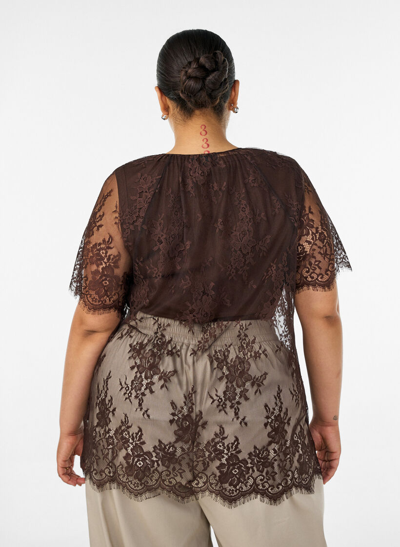 Short-sleeved lace blouse with tie-fastening, Brown, Model image number 2