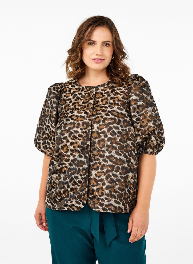 Jacquard Leo jacket with puff sleeves, Brown Leo AOP, Model image number 0
