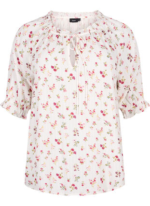 Floral viscose blouse with half sleeves, B. White Rose Flower, Packshot image number 0