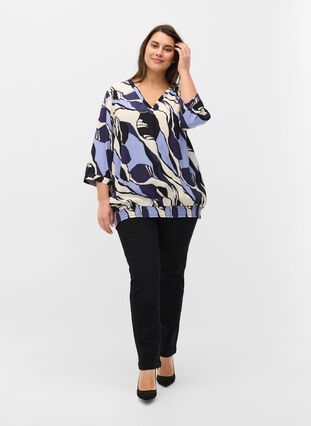 Printed viscose blouse with 3/4-length sleeves, Blue Abstract AOP, Model image number 3