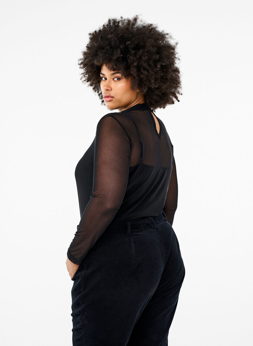 Fitted mesh blouse with long sleeves, Black, Model image number 2