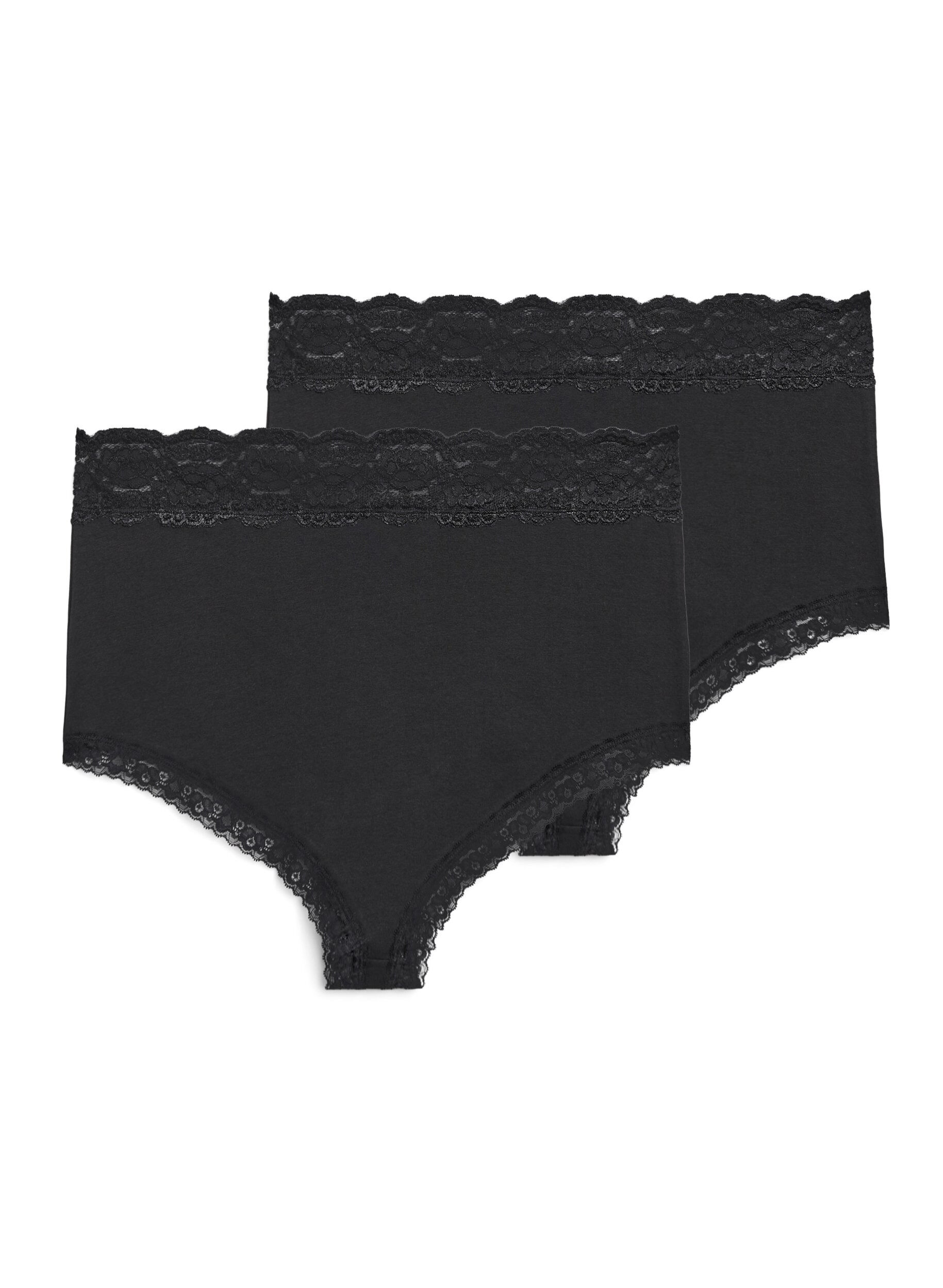 Zizzifashion 2-pack hipsters with lace trim and high waist, Black, Packshot image number 1