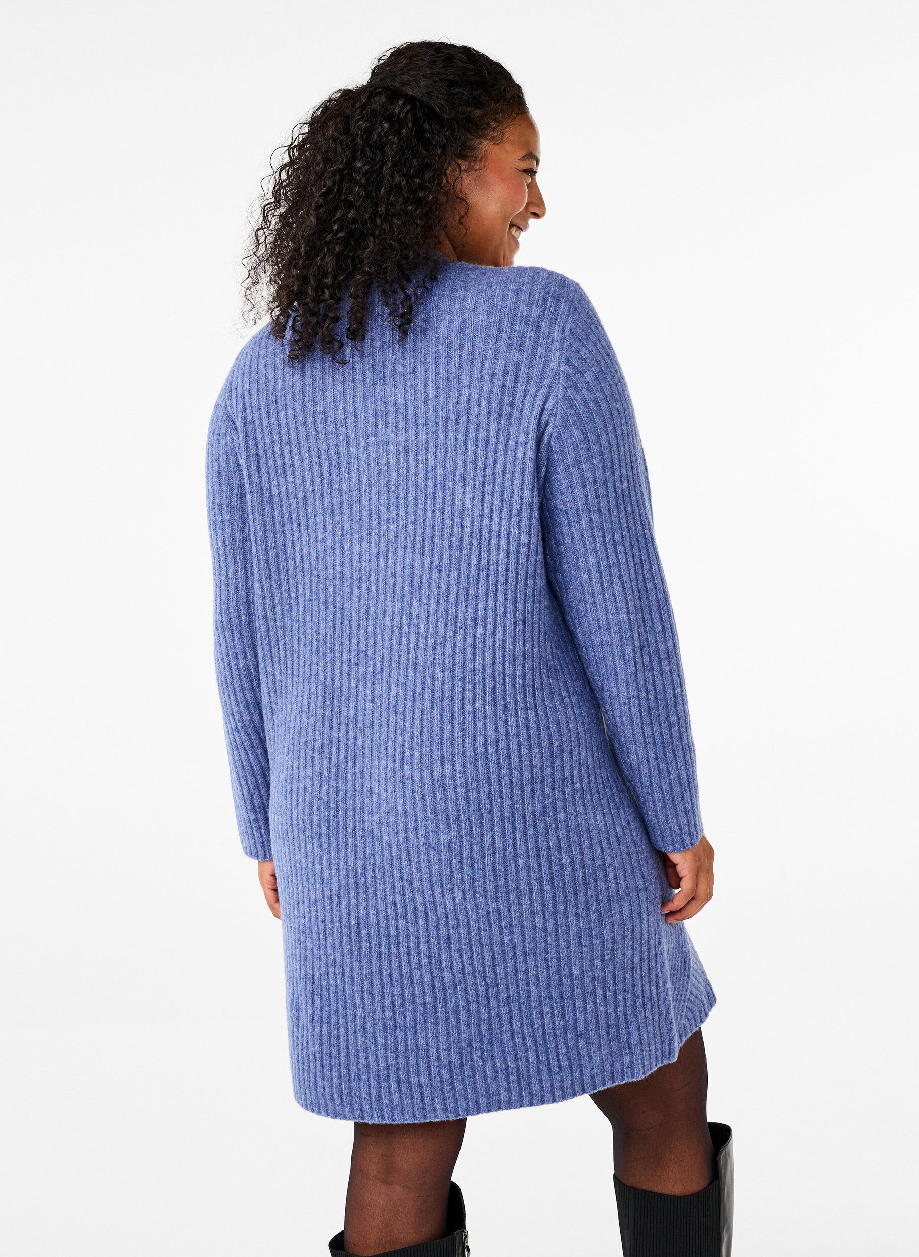 Zizzifashion Short ribbed dress with a round neck, Grey Blue Mel., Model image number 1