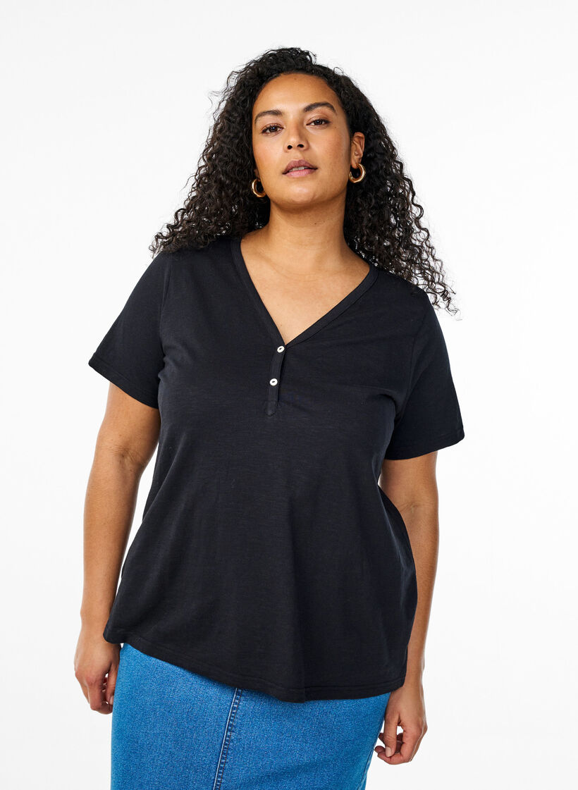 T-shirt with button detail, Black, Model image number 0