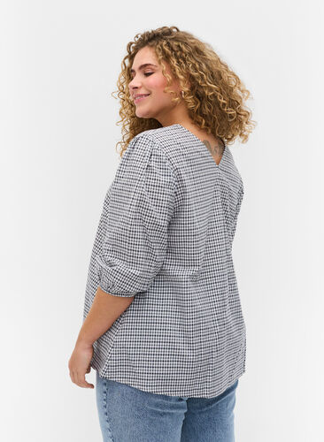 Checkered cotton blouse with 3/4-length sleeves, Black/White Check, Model image number 1