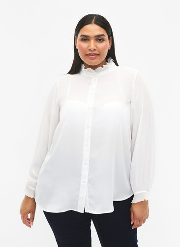 Shirt blouse with ruffle details, Bright White, Model image number 0