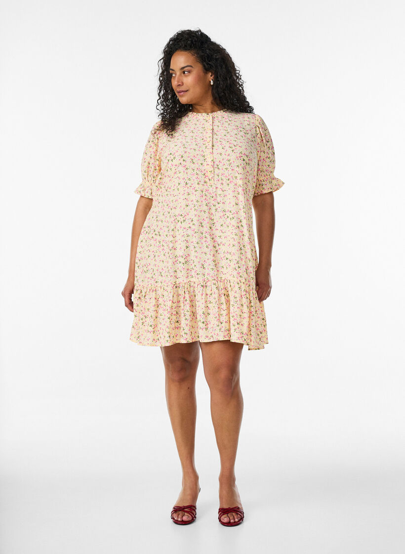 Short viscose dress with ruffle details, Yellow, Model image number 1