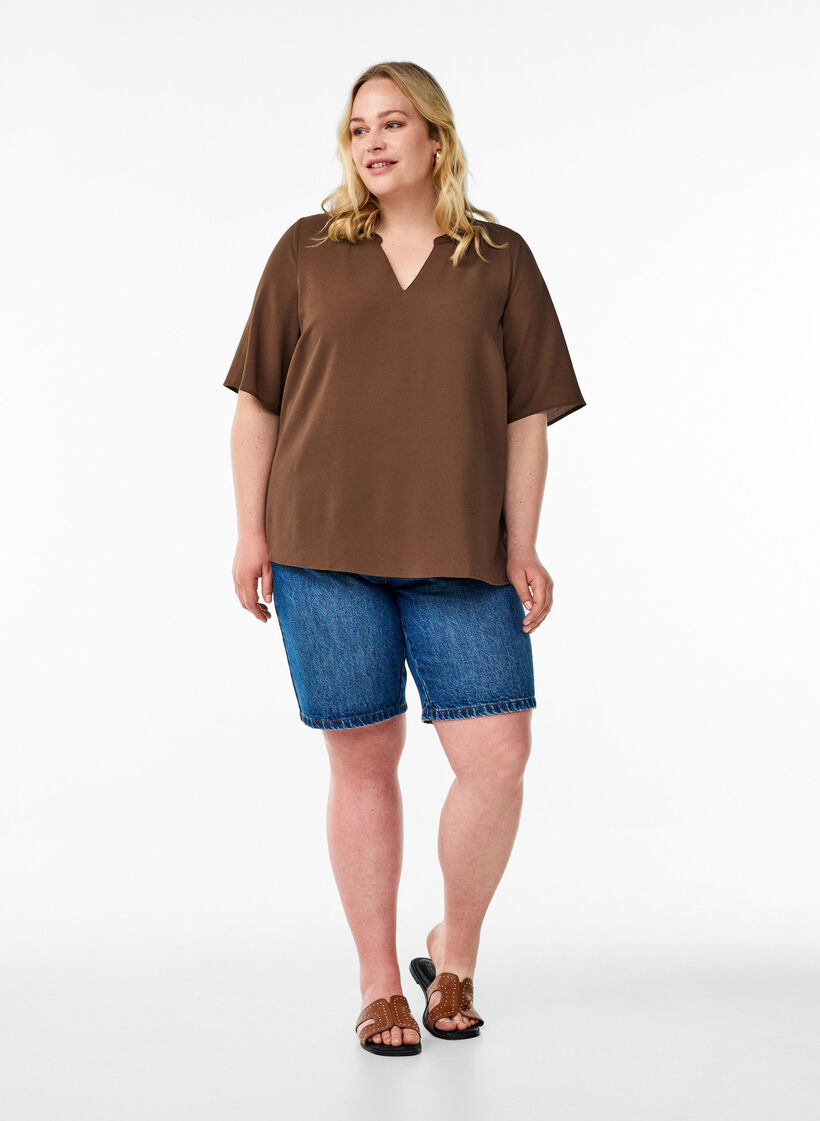 Short-sleeved blouse with V-neck, Brown, Model image number 1