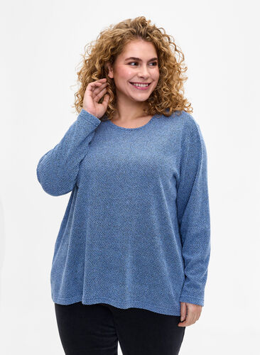 Melange blouse with round neck and long sleeves, Blue Bonnet, Model image number 0