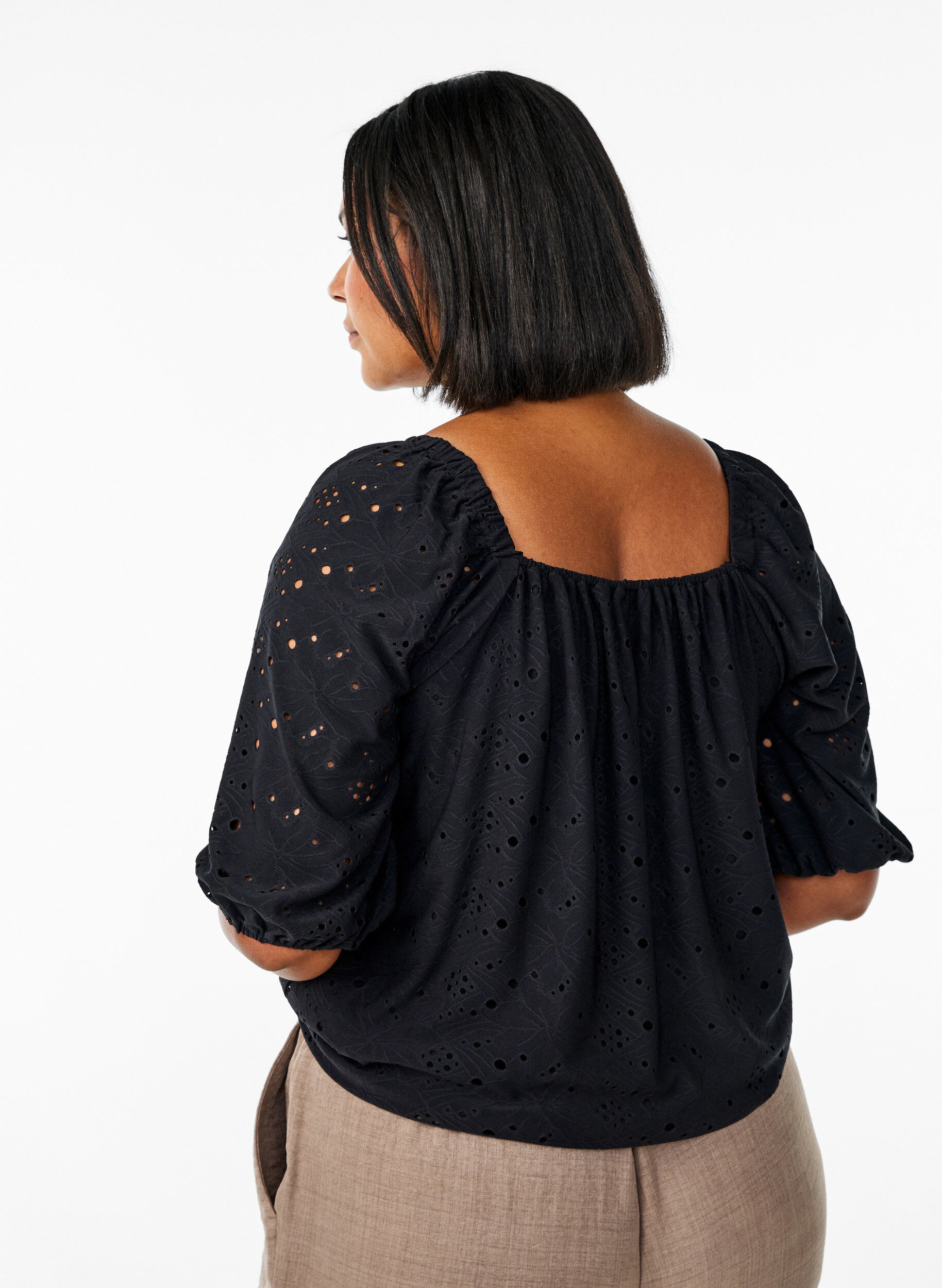 Zizzifashion Blouse with short puff sleeves and an openwork pattern, Black, Model image number 2