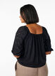 Blouse with short puff sleeves and an openwork pattern, Black, Model image number 2