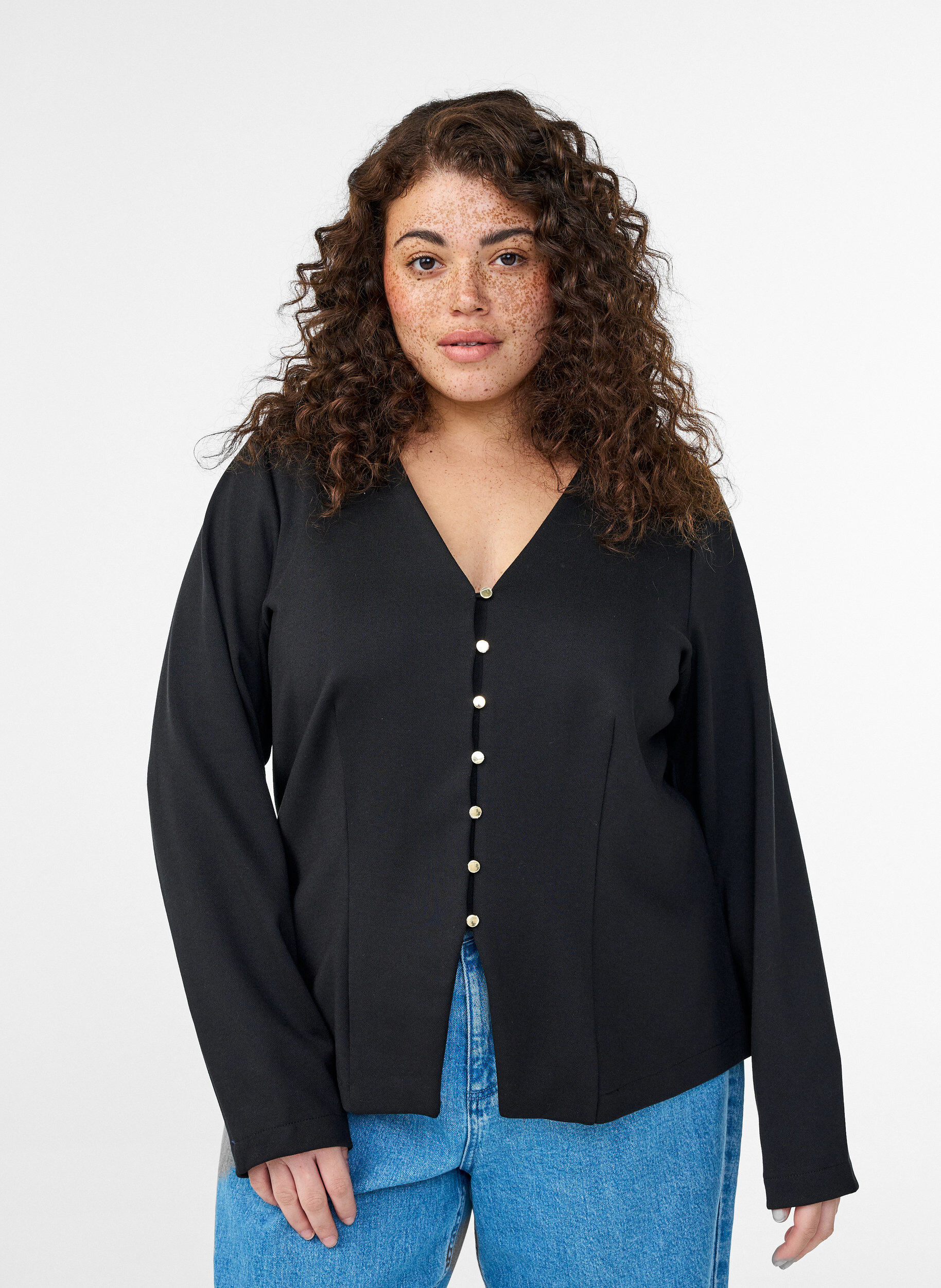 V-neck cardigan with gold-coloured buttons, Black, Model