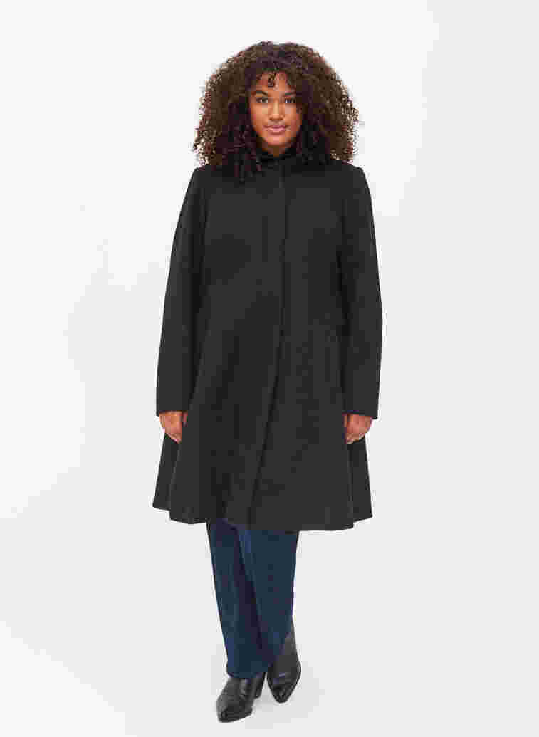 Coat with a hood and A-line cut, Black, Model image number 2