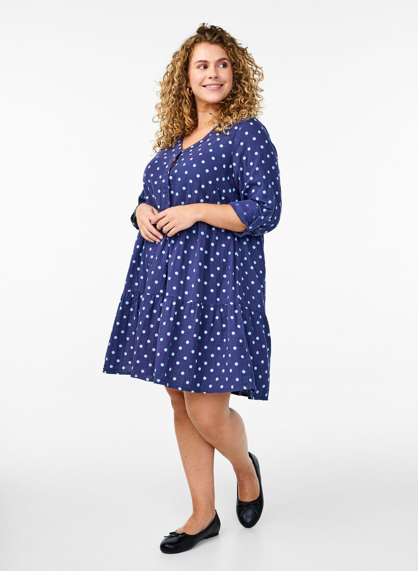 Short cotton muslin dress with polka dots, Blue, Model image number 1