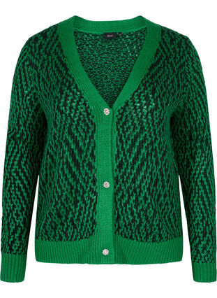 Patterned knitted cardigan with buttons, Jolly Green Comb, Packshot image number 0