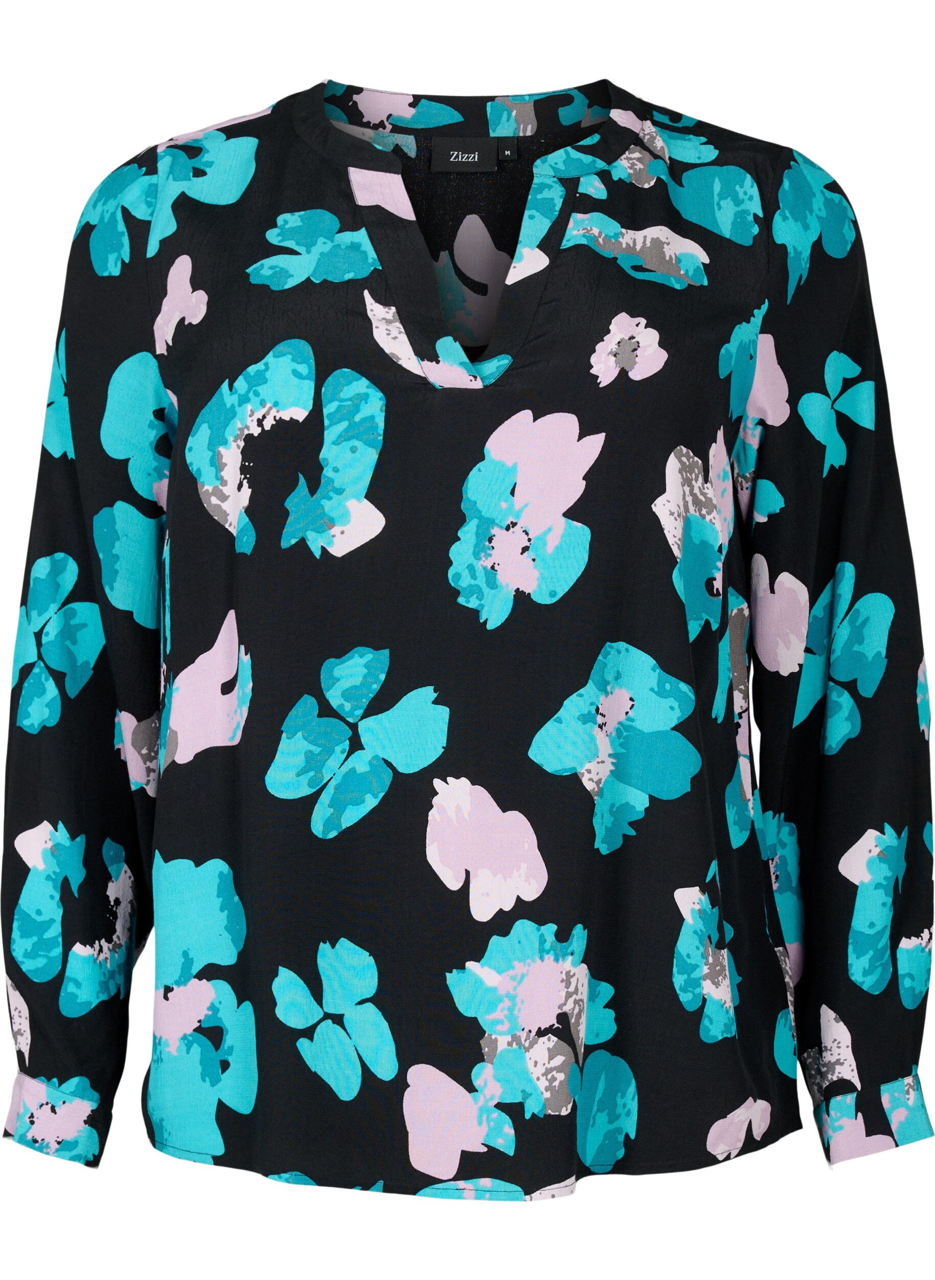 Zizzifashion Long-sleeved viscose blouse with print, Blue AOP, Packshot image number 0
