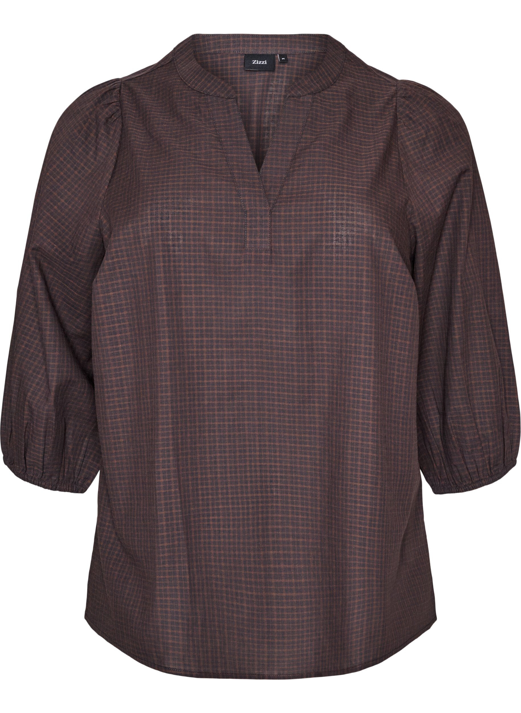 ZizzifashionChecked blouse with V-neck and 3/4 sleeves, Brown, Packshot image number 0