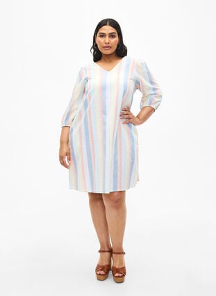 Cotton blend short dress with linen, Multi Color Stripe, Model image number 2