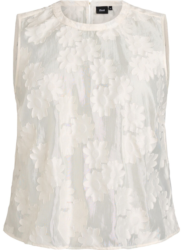 Sleeveless top in jacquard with a floral texture, Vanilla, Packshot image number 0