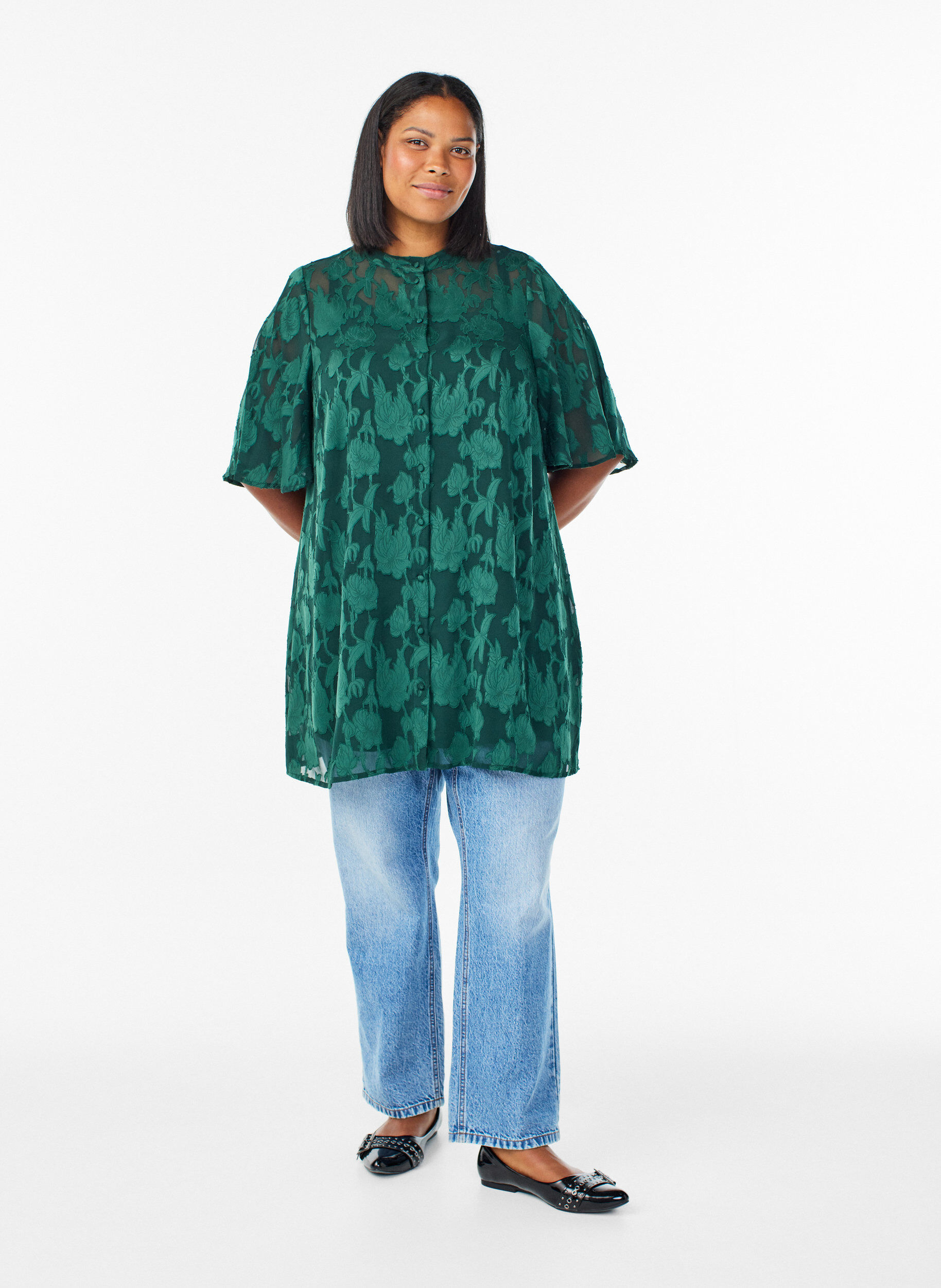 Zizzifashion Short A-line dress with a floral print, Green, Model image number 1