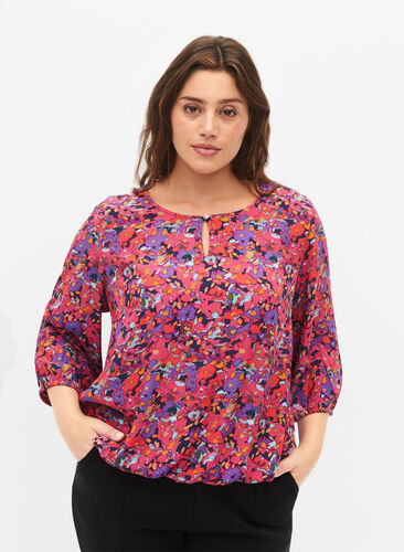 Viscose blouse with floral print and smock, Pink Small Fl. AOP, Model image number 0