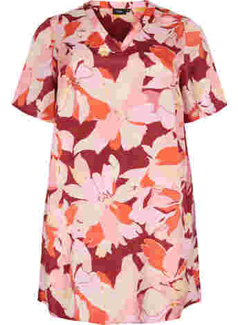 Floral viscose tunic with short sleeves