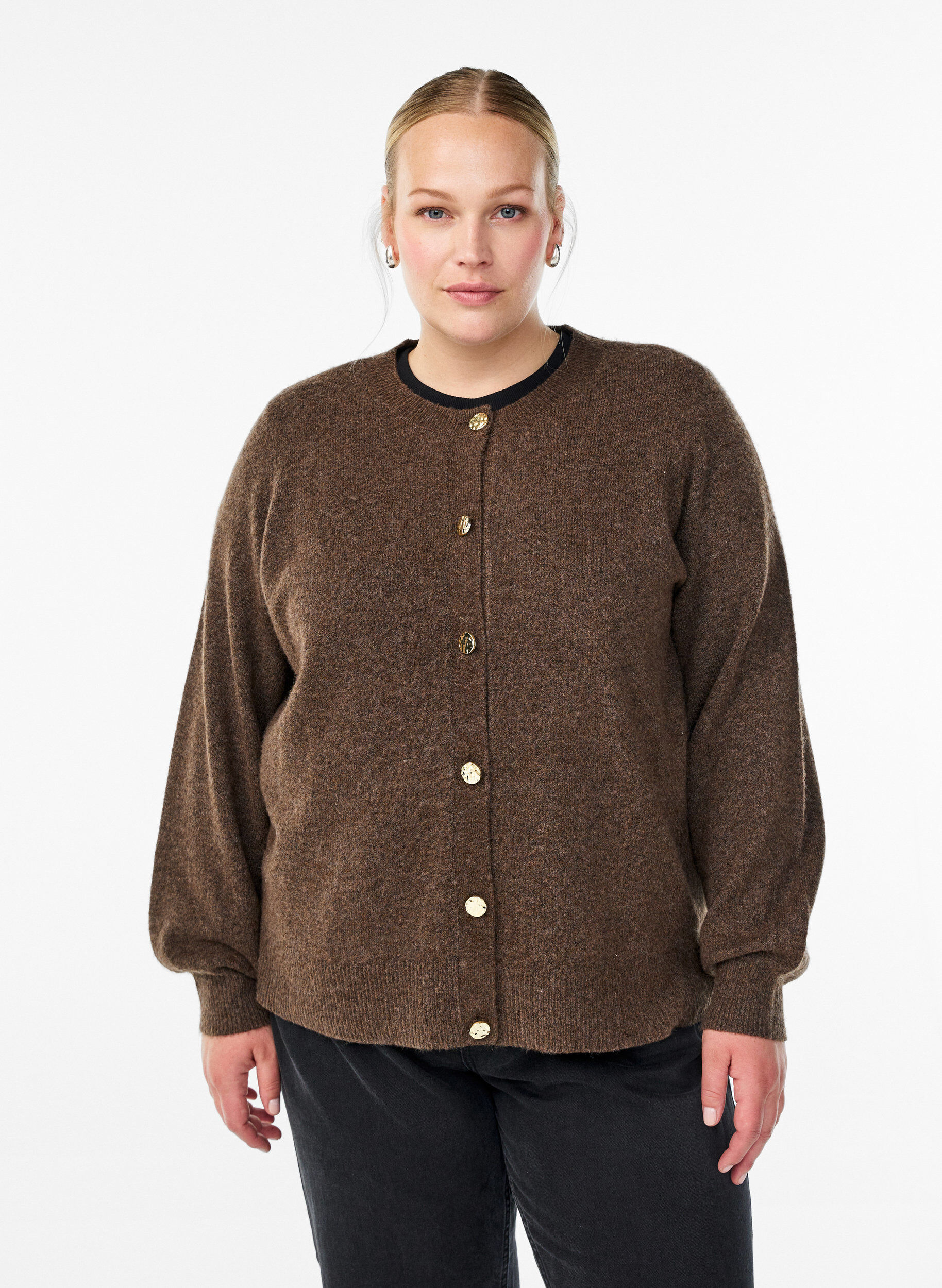 Zizzifashion Cardigan in soft knit with gold-coloured buttons, Brown, Model image number 0