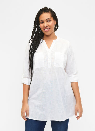 Tunic in cotton with 3/4 sleeves, Bright White, Model image number 0