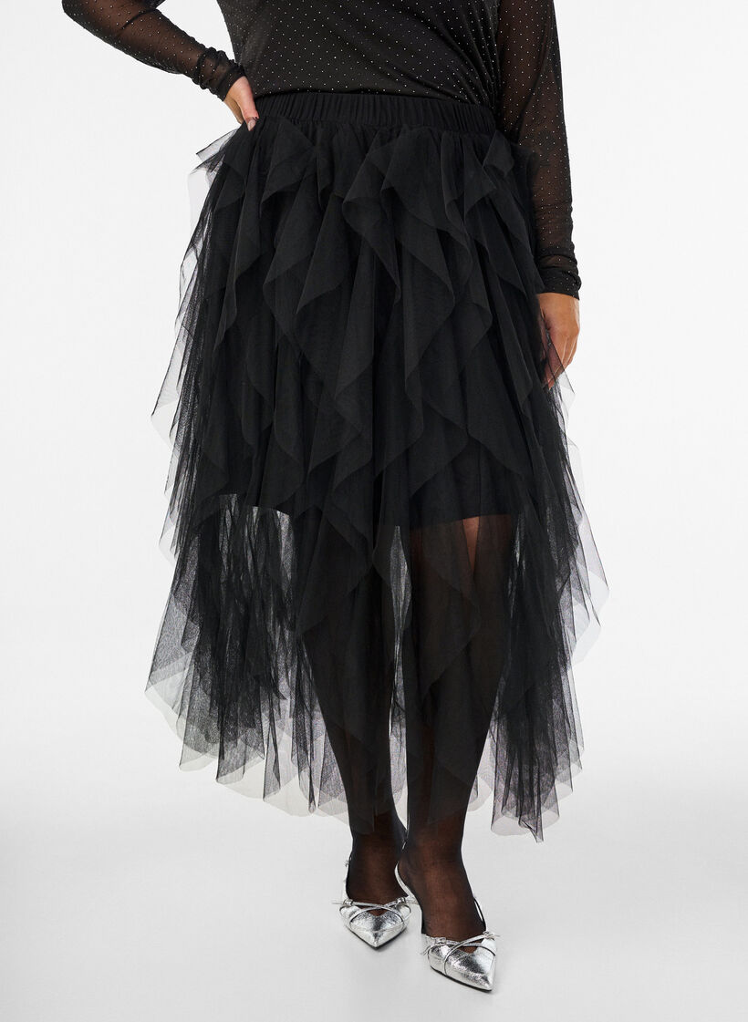 Midi tulle skirt with elastic waistband, Black, Model